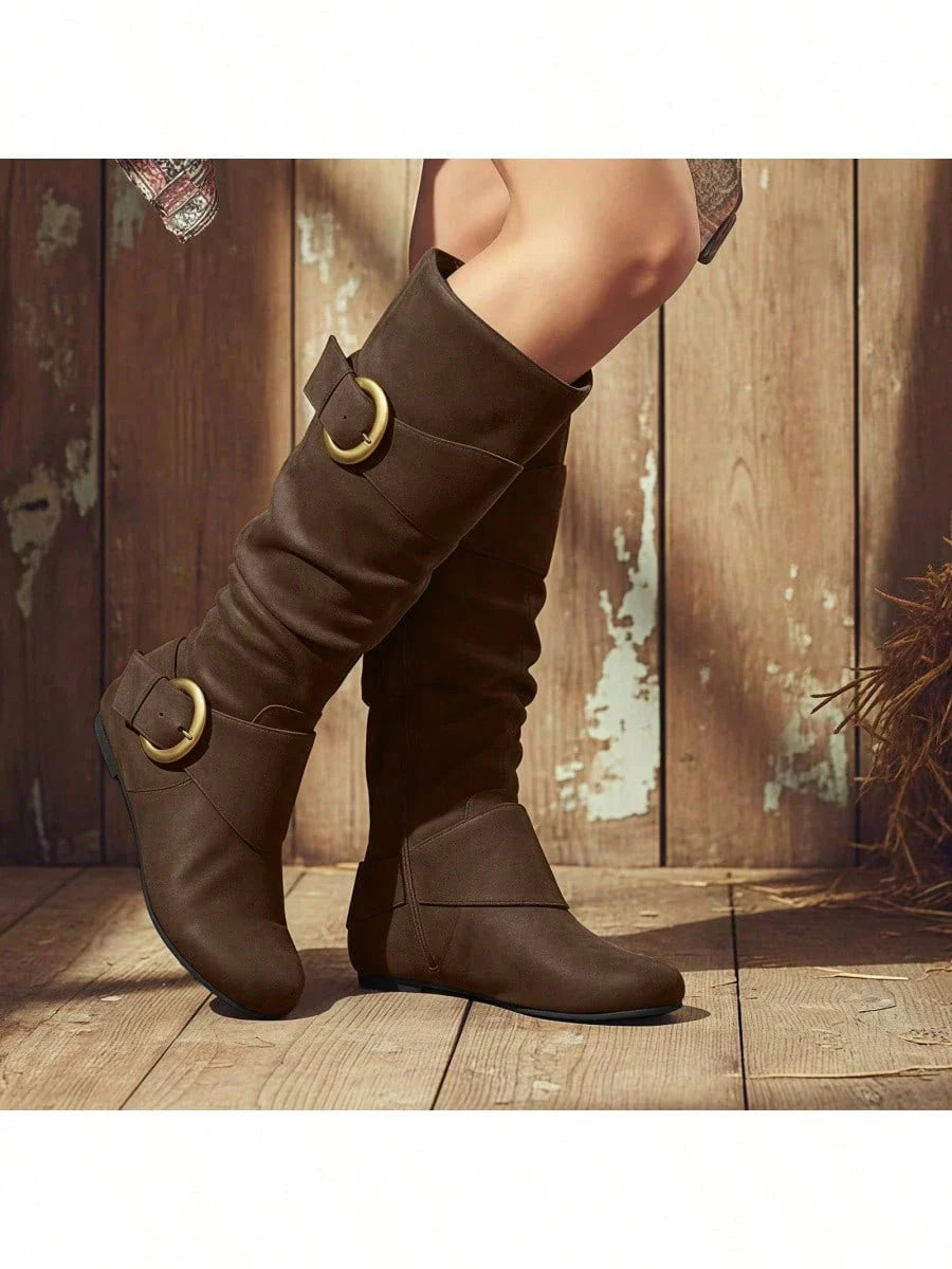 lunryet Women's Closed Round Toe Buckle Side Zip Buckle Slouch Flat Heel Mid-Calf Boot SHELLY
